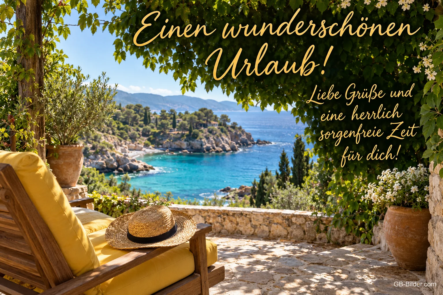 Liegestuhl mit Strohhut auf einer Terrasse über einer Bucht, Text: Einen wunderschönen Urlaub! – Liebe Grüße und eine herrlich sorgenfreie Zeit für dich! Liegestuhl mit Strohhut auf einer Terrasse über einer Bucht, Text: Einen wunderschönen Urlaub! – Liebe Grüße und eine herrlich sorgenfreie Zeit für dich!