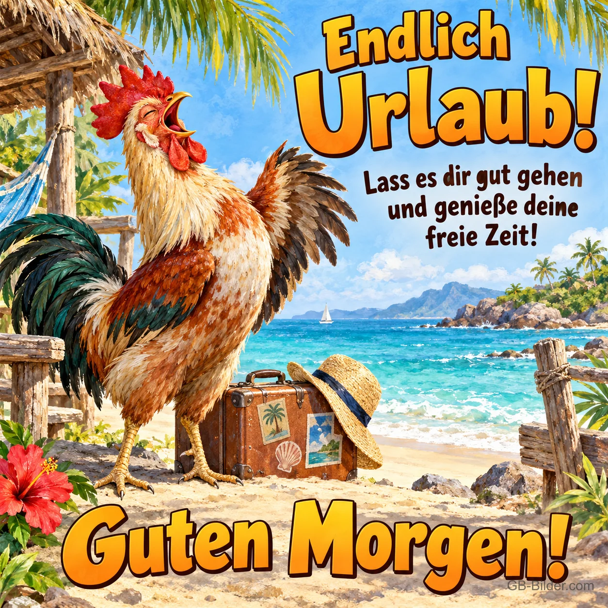 Hahn kräht neben einem Koffer am Palmenstrand, Text: Endlich Urlaub! – Lass es dir gut gehen und genieße deine freie Zeit! Guten Morgen! Hahn kräht neben einem Koffer am Palmenstrand, Text: Endlich Urlaub! – Lass es dir gut gehen und genieße deine freie Zeit! Guten Morgen!
