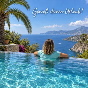 Frau im Pool blickt auf eine Felsküste am Meer, Text: Genieß deinen Urlaub!