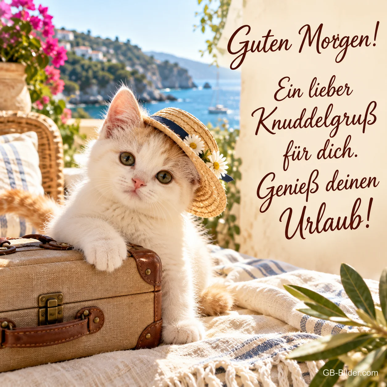 Weißes Kätzchen mit Strohhut auf einem Koffer am Meer, Text: Guten Morgen! – Ein lieber Knuddelgruß für dich. Genieß deinen Urlaub! Weißes Kätzchen mit Strohhut auf einem Koffer am Meer, Text: Guten Morgen! – Ein lieber Knuddelgruß für dich. Genieß deinen Urlaub!