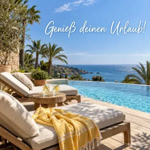 Sonnenliegen an einem Pool über dem Meer, Text: Genieß deinen Urlaub!