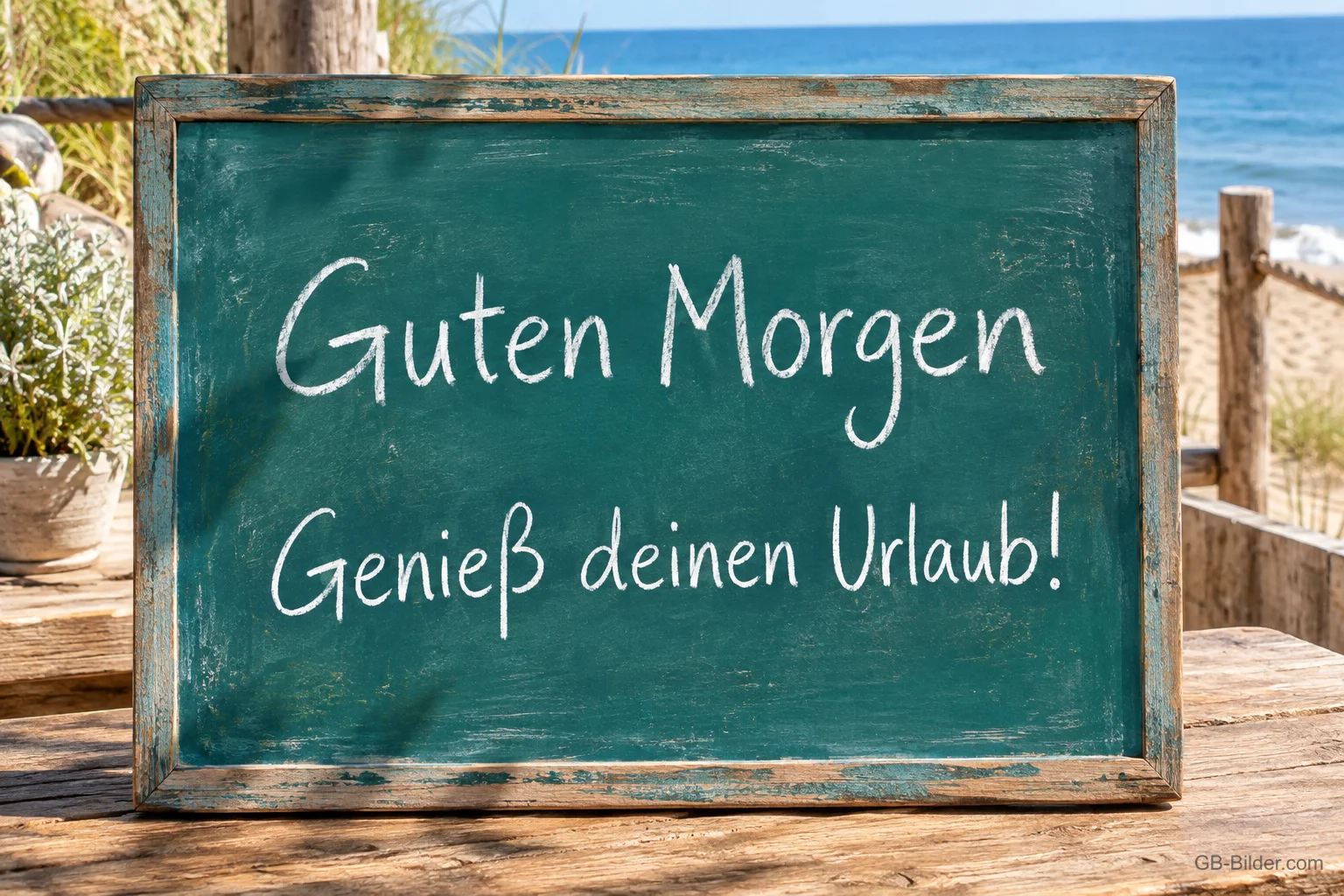 Kreidetafel auf einem Holzsteg am Meer, Text: Guten Morgen – Genieß deinen Urlaub! Kreidetafel auf einem Holzsteg am Meer, Text: Guten Morgen – Genieß deinen Urlaub!