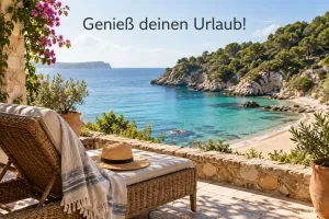 Liegestuhl mit Strohhut auf einer Terrasse über einer Bucht, Text: Genieß deinen Urlaub!