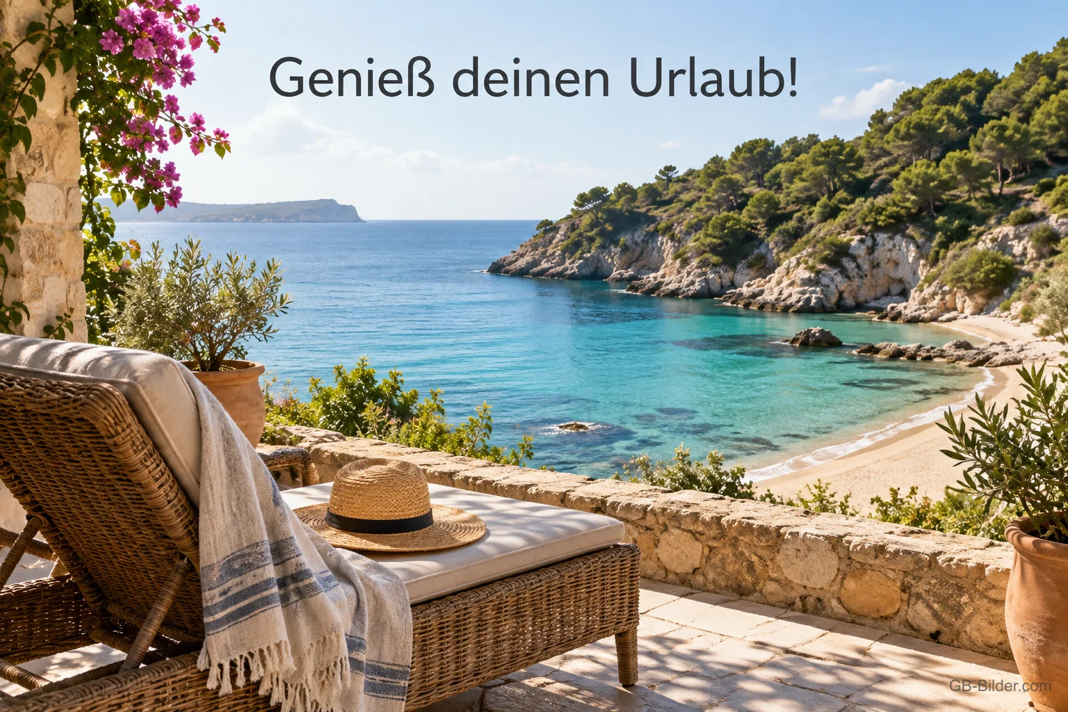 Liegestuhl mit Strohhut auf einer Terrasse über einer Bucht, Text: Genieß deinen Urlaub! Liegestuhl mit Strohhut auf einer Terrasse über einer Bucht, Text: Genieß deinen Urlaub!
