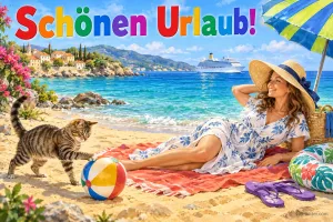 Frau mit Strohhut liegt am Strand, Katze spielt mit Wasserball, Text: Schönen Urlaub!
