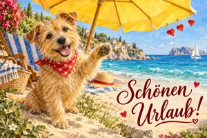 Terrier mit Halstuch winkt unter einem Sonnenschirm am Strand, Text: Schönen Urlaub!