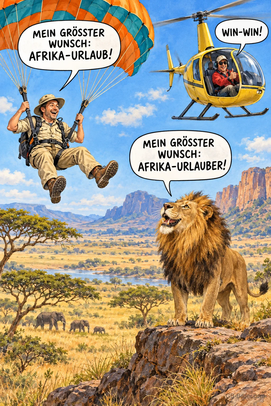 Mann schwebt am Fallschirm über der Savanne, Löwe schaut hungrig, Hubschrauber, Text: Mein größter Wunsch: Afrika-Urlaub! – Mein größter Wunsch: Afrika-Urlauber! – Win-win! Mann schwebt am Fallschirm über der Savanne, Löwe schaut hungrig, Hubschrauber, Text: Mein größter Wunsch: Afrika-Urlaub! – Mein größter Wunsch: Afrika-Urlauber! – Win-win!