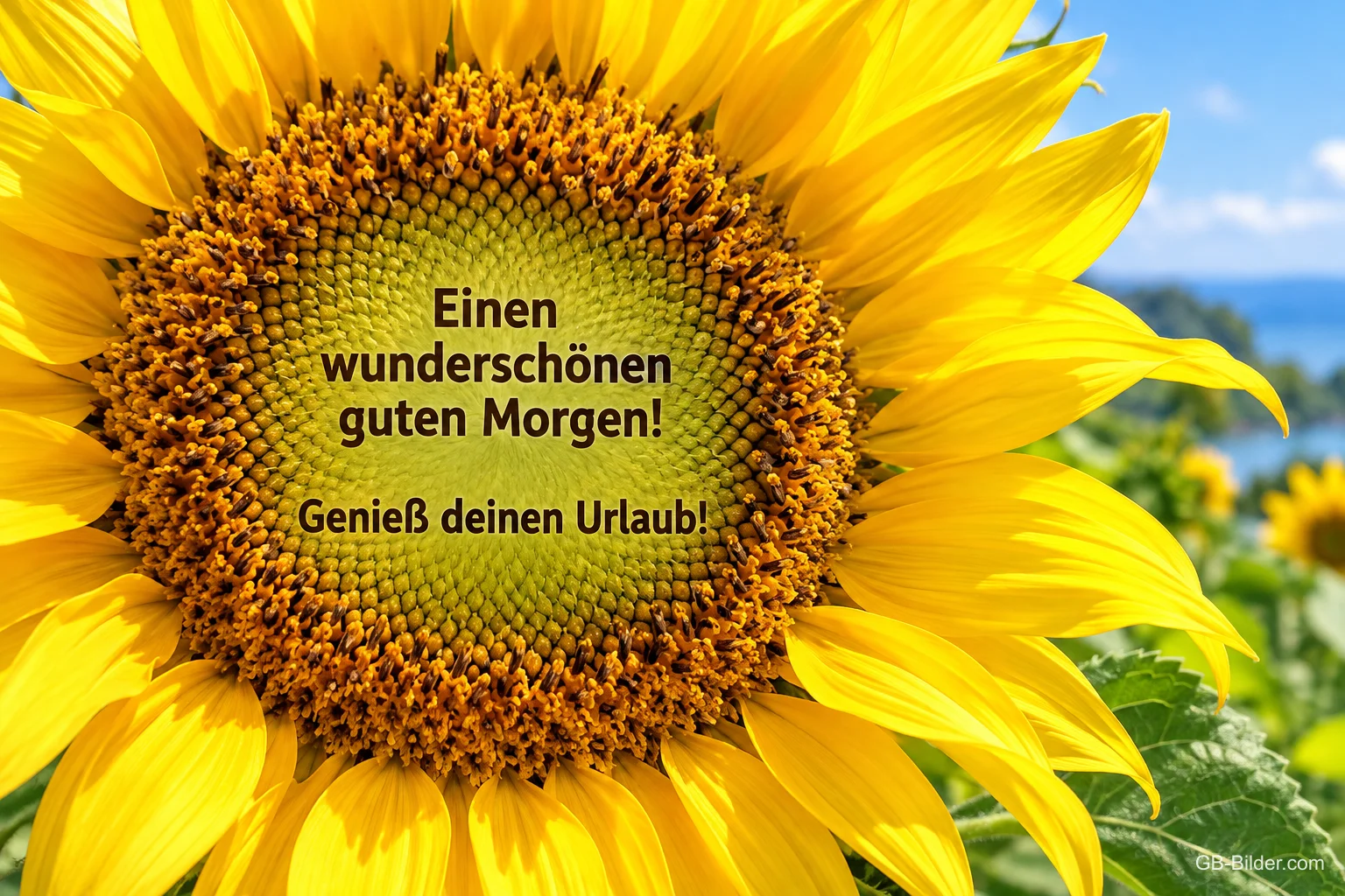 Große Sonnenblume mit Schrift in der Mitte, Text: Einen wunderschönen guten Morgen! – Genieß deinen Urlaub! Große Sonnenblume mit Schrift in der Mitte, Text: Einen wunderschönen guten Morgen! – Genieß deinen Urlaub!