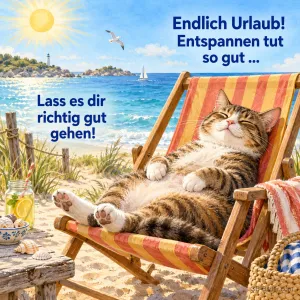 Tigerkatze liegt entspannt im Liegestuhl am Strand, Text: Endlich Urlaub! Entspannen tut so gut … – Lass es dir richtig gut gehen!