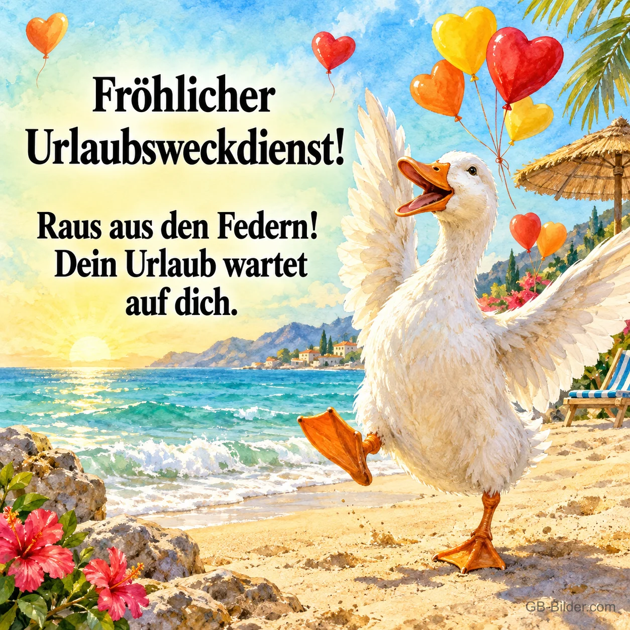 Weiße Gans springt jubelnd über den Strand, Herzballons, Text: Fröhlicher Urlaubsweckdienst! – Raus aus den Federn! Dein Urlaub wartet auf dich. Weiße Gans springt jubelnd über den Strand, Herzballons, Text: Fröhlicher Urlaubsweckdienst! – Raus aus den Federn! Dein Urlaub wartet auf dich.