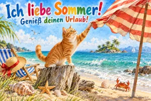 Rote Katze auf einem Baumstumpf unter einem Sonnenschirm am Strand, Text: Ich liebe Sommer! – Genieß deinen Urlaub!
