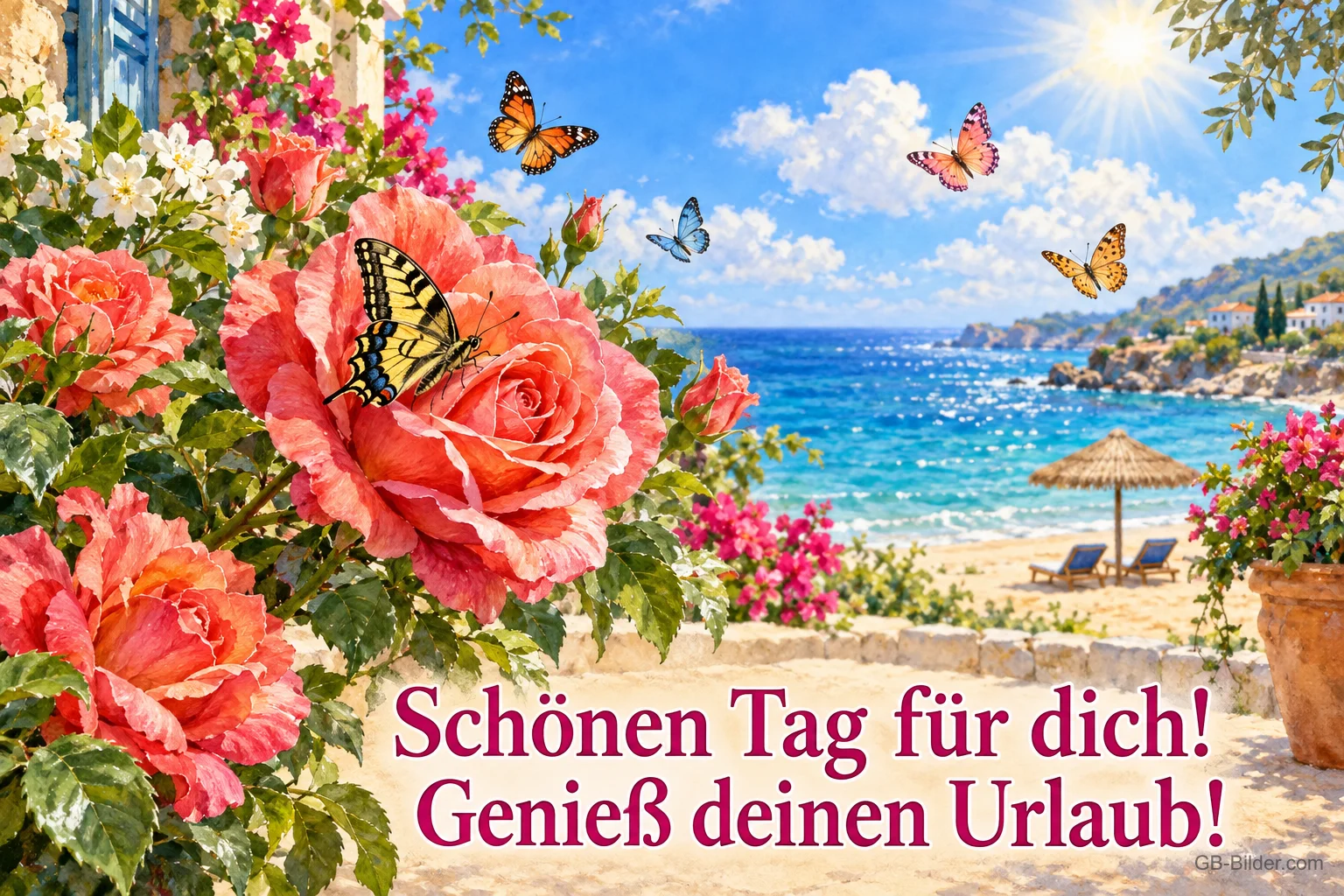 Lachsrosen mit Schwalbenschwanz vor einer Bucht, Text: Schönen Tag für dich! – Genieß deinen Urlaub! Lachsrosen mit Schwalbenschwanz vor einer Bucht, Text: Schönen Tag für dich! – Genieß deinen Urlaub!