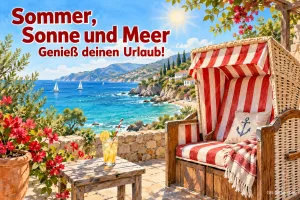 Strandkorb auf einer Terrasse über einer Bucht mit Segelbooten, Text: Sommer, Sonne und Meer – Genieß deinen Urlaub!