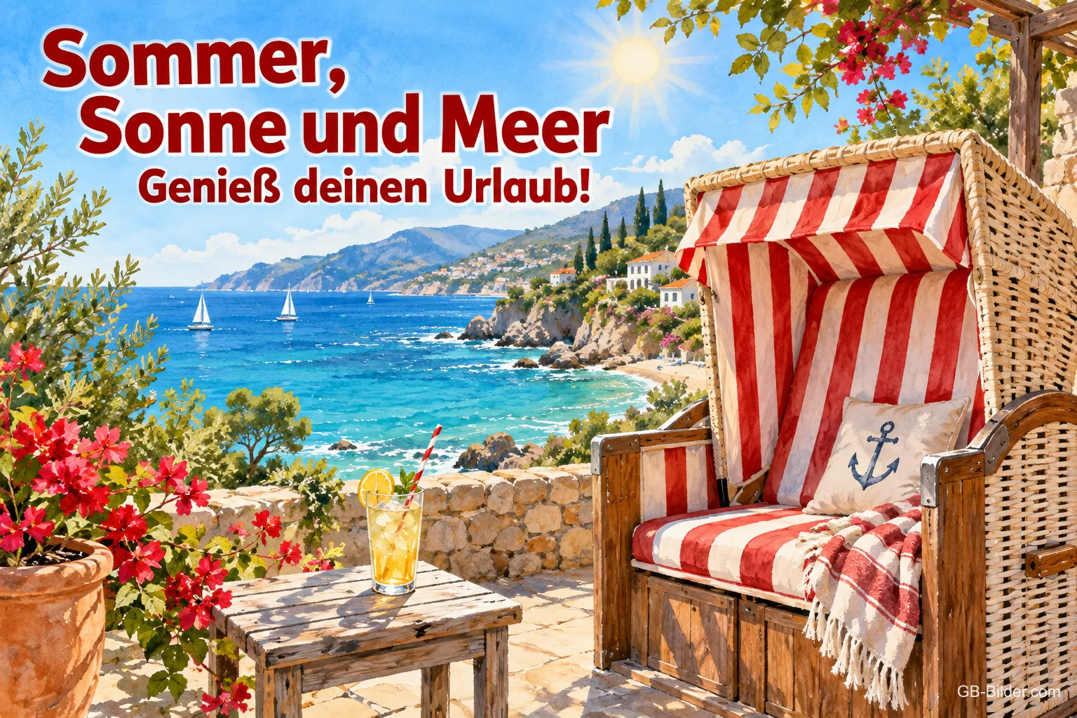 Strandkorb auf einer Terrasse über einer Bucht mit Segelbooten, Text: Sommer, Sonne und Meer – Genieß deinen Urlaub! Strandkorb auf einer Terrasse über einer Bucht mit Segelbooten, Text: Sommer, Sonne und Meer – Genieß deinen Urlaub!