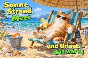 Rote Katze mit Sonnenbrille liegt im Liegestuhl am Strand, Text: Sonne, Strand, Meer – und Urlaub – das wär's!