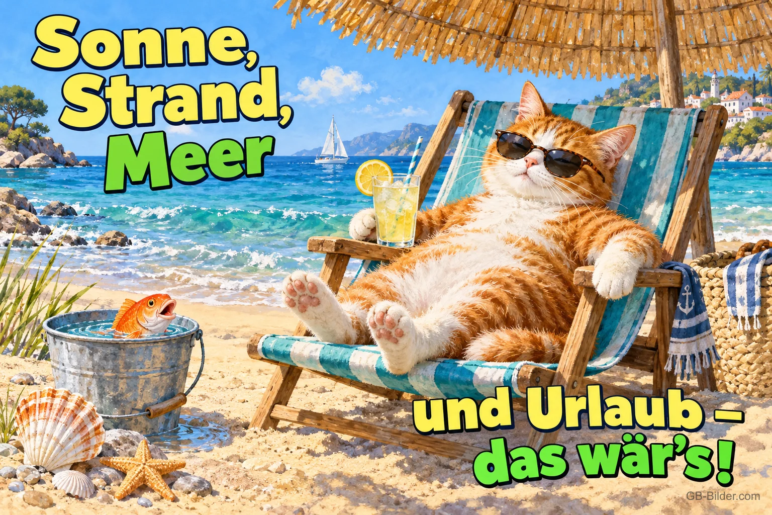 Rote Katze mit Sonnenbrille liegt im Liegestuhl am Strand, Text: Sonne, Strand, Meer – und Urlaub – das wär's! Rote Katze mit Sonnenbrille liegt im Liegestuhl am Strand, Text: Sonne, Strand, Meer – und Urlaub – das wär's!
