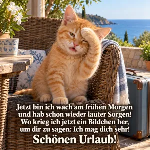 Rotes Kätzchen reibt sich verschlafen die Augen auf einer Terrasse am Meer, Text: Jetzt bin ich wach am frühen Morgen und hab schon wieder lauter Sorgen! Wo krieg ich jetzt ein Bildchen her, um dir zu sagen: Ich mag dich sehr! Schönen Urlaub!