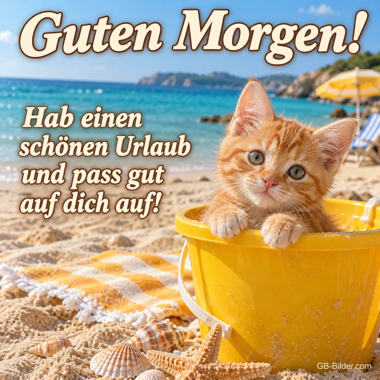 Rotes Kätzchen schaut aus einem gelben Eimer am Strand, Text: Guten Morgen! – Hab einen schönen Urlaub und pass gut auf dich auf! Rotes Kätzchen schaut aus einem gelben Eimer am Strand, Text: Guten Morgen! – Hab einen schönen Urlaub und pass gut auf dich auf!