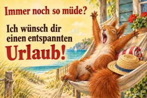 Eichhörnchen gähnt in einer Hängematte am Strand, Text: Immer noch so müde? – Ich wünsch dir einen entspannten Urlaub!