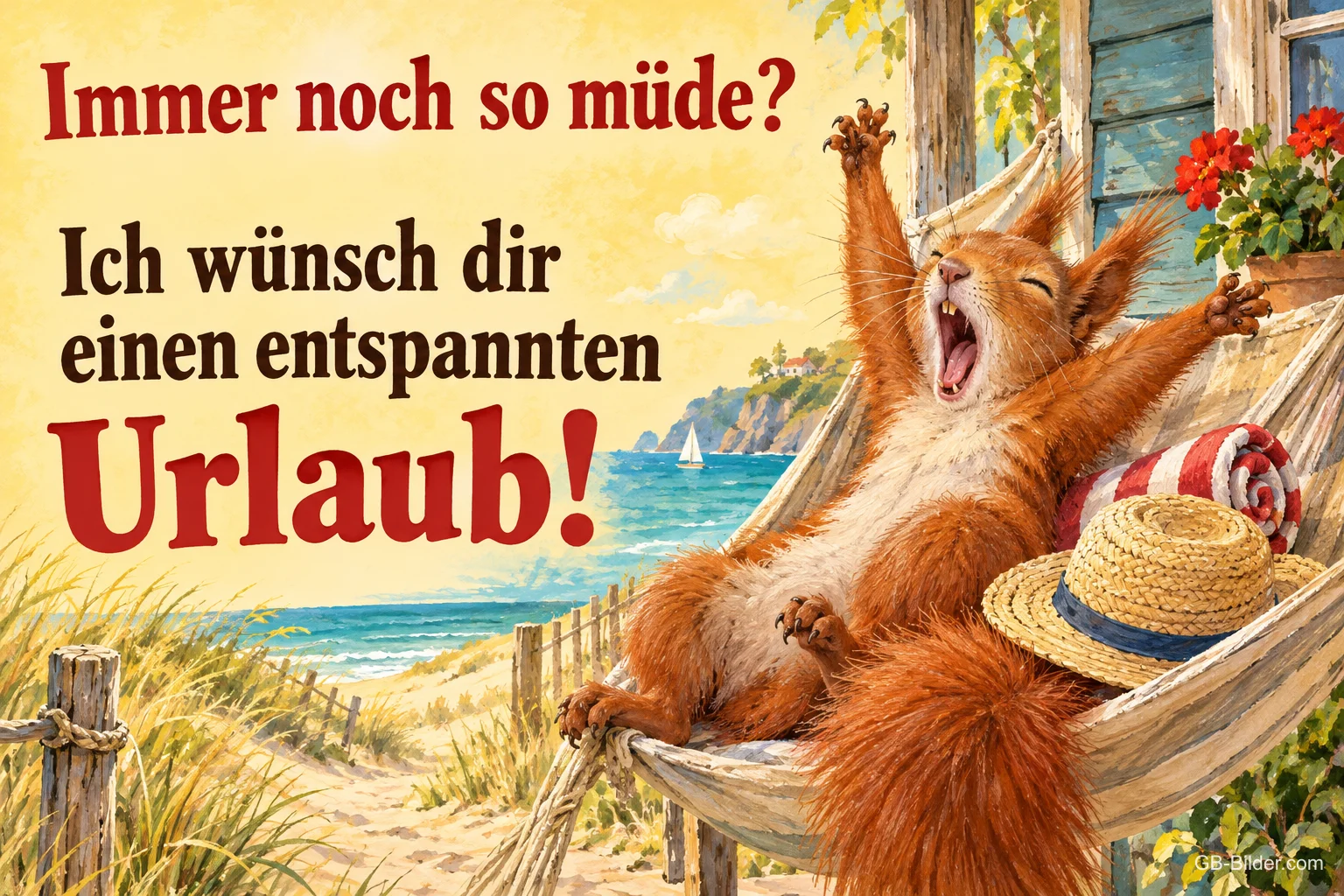 Eichhörnchen gähnt in einer Hängematte am Strand, Text: Immer noch so müde? – Ich wünsch dir einen entspannten Urlaub! Eichhörnchen gähnt in einer Hängematte am Strand, Text: Immer noch so müde? – Ich wünsch dir einen entspannten Urlaub!