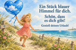 Mädchen läuft mit blauem Herzballon durch die Dünen, Text: Ein Stück blauer Himmel für dich. – Schön, dass es dich gibt! Genieß deinen Urlaub!