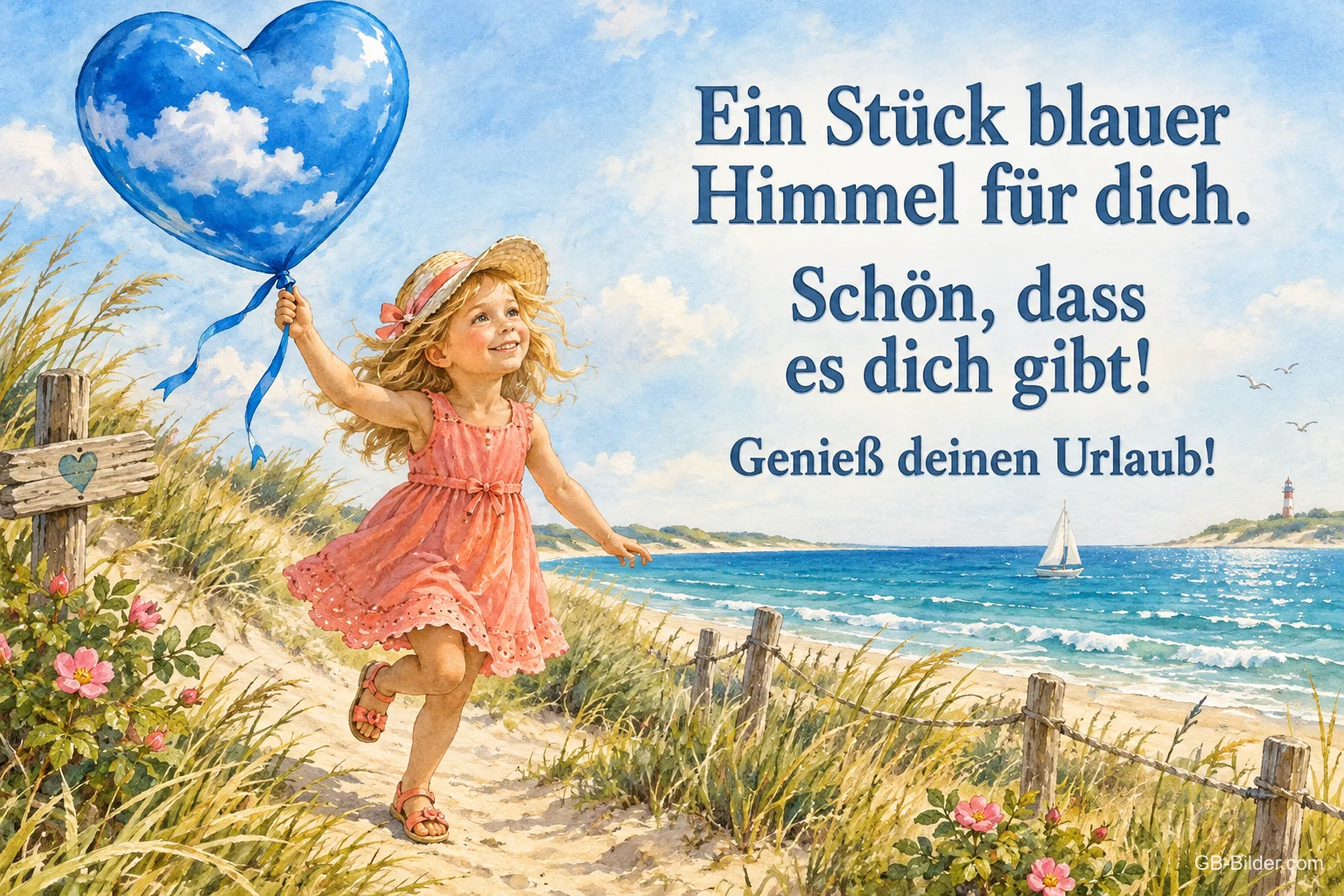 Mädchen läuft mit blauem Herzballon durch die Dünen, Text: Ein Stück blauer Himmel für dich. – Schön, dass es dich gibt! Genieß deinen Urlaub! Mädchen läuft mit blauem Herzballon durch die Dünen, Text: Ein Stück blauer Himmel für dich. – Schön, dass es dich gibt! Genieß deinen Urlaub!