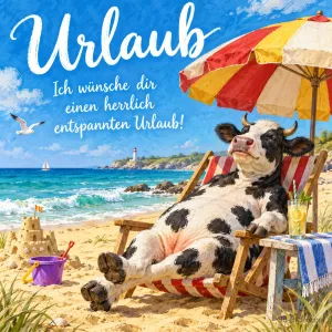 Kuh liegt im Liegestuhl unter einem Sonnenschirm am Strand, Text: Urlaub – Ich wünsche dir einen herrlich entspannten Urlaub!