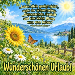 Sonnenblume und Schmetterling vor einem Bergsee, Text: „Leben allein genügt nicht“, sagte der Schmetterling. „Sonnenschein, Freiheit und eine kleine Blume muss man haben.“ – Hans Christian Andersen – Wunderschönen Urlaub!