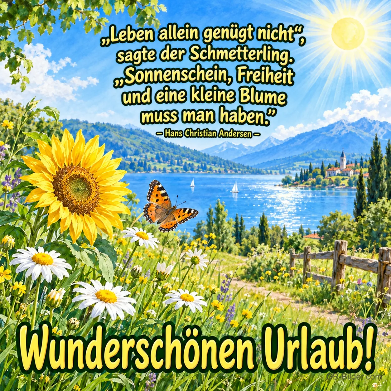 Sonnenblume und Schmetterling vor einem Bergsee, Text: „Leben allein genügt nicht“, sagte der Schmetterling. „Sonnenschein, Freiheit und eine kleine Blume muss man haben.“ – Hans Christian Andersen – Wunderschönen Urlaub! Sonnenblume und Schmetterling vor einem Bergsee, Text: „Leben allein genügt nicht“, sagte der Schmetterling. „Sonnenschein, Freiheit und eine kleine Blume muss man haben.“ – Hans Christian Andersen – Wunderschönen Urlaub!