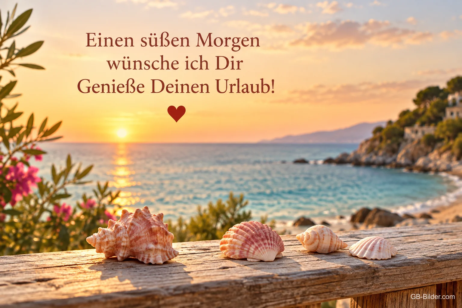 Muscheln auf einem Holzgeländer vor dem Meer bei Sonnenaufgang, Text: Einen süßen Morgen wünsche ich Dir – Genieße Deinen Urlaub! Muscheln auf einem Holzgeländer vor dem Meer bei Sonnenaufgang, Text: Einen süßen Morgen wünsche ich Dir – Genieße Deinen Urlaub!