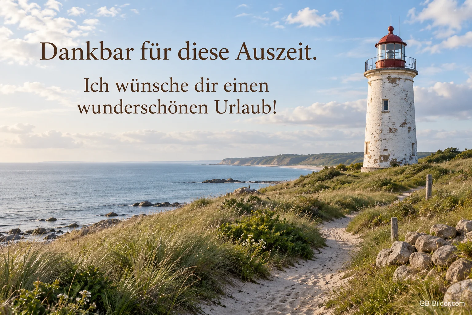 Weißer Leuchtturm an einer Küste mit Dünenweg und Meer, Text: Dankbar für diese Auszeit. Ich wünsche dir einen wunderschönen Urlaub! Weißer Leuchtturm an einer Küste mit Dünenweg und Meer, Text: Dankbar für diese Auszeit. Ich wünsche dir einen wunderschönen Urlaub!