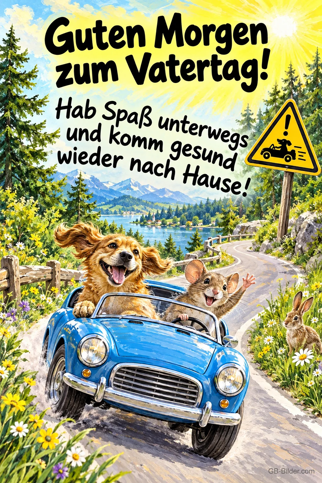 Hund und Maus fahren lachend in einem blauen Cabrio über eine Bergstraße, Text: Guten Morgen zum Vatertag! Hab Spaß unterwegs und komm gesund wieder nach Hause!