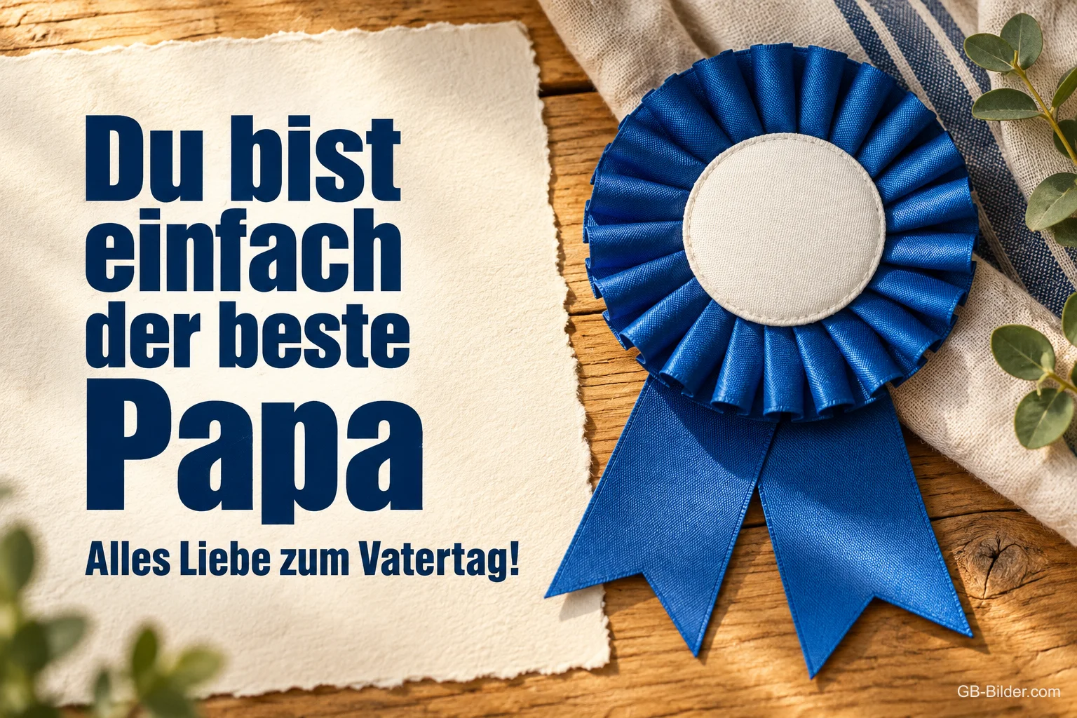Blaue Siegerrosette auf Papier und Holztisch, Text: Du bist einfach der beste Papa – Alles Liebe zum Vatertag!