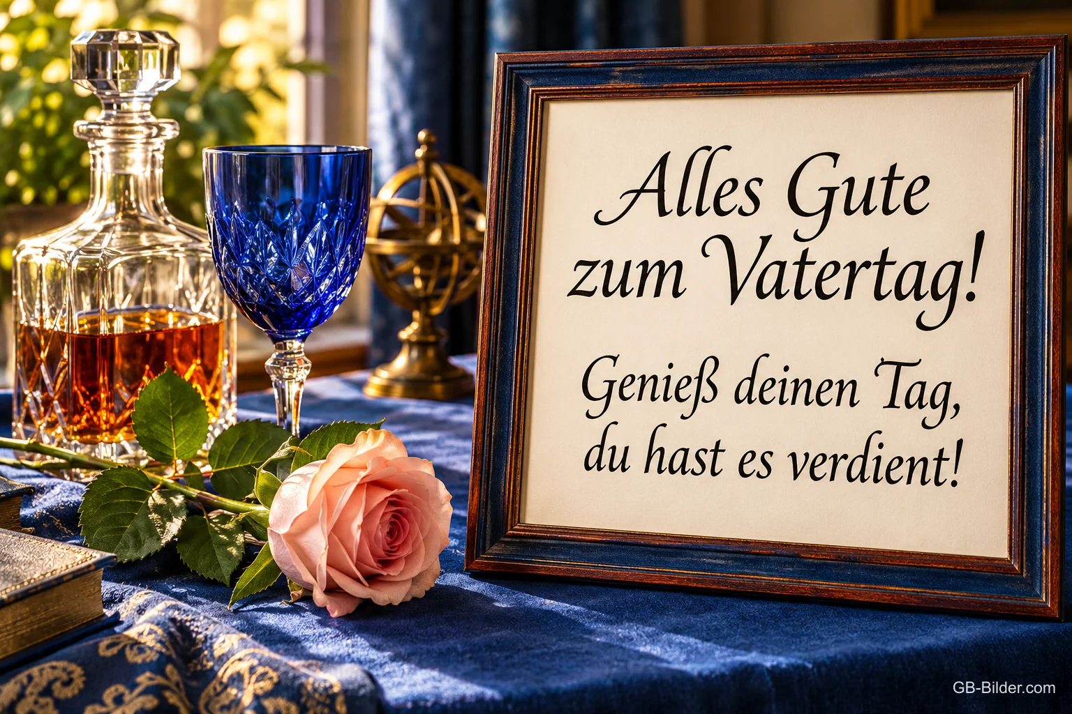 Bilderrahmen neben Karaffe, Glas und Rose, Text: Alles Gute zum Vatertag! – Genieß deinen Tag, du hast es verdient!
