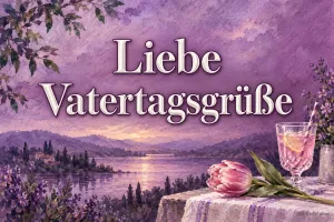 Gedeckter Tisch mit Getränk und Tulpe am See in Lila, Text: Liebe Vatertagsgrüße