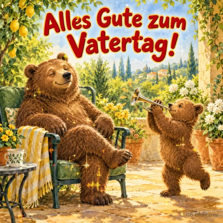 Bärenvater entspannt im Sessel, Bärenjunges spielt Trompete, Text: Alles Gute zum Vatertag!