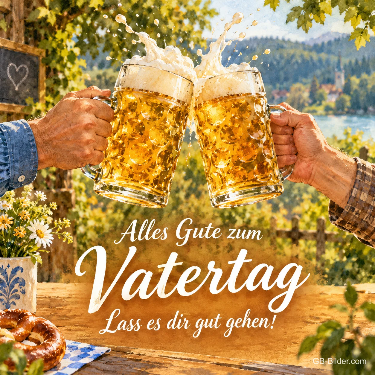 Zwei Hände stoßen mit Bierkrügen im Biergarten an, Text: Alles Gute zum Vatertag – Lass es dir gut gehen!