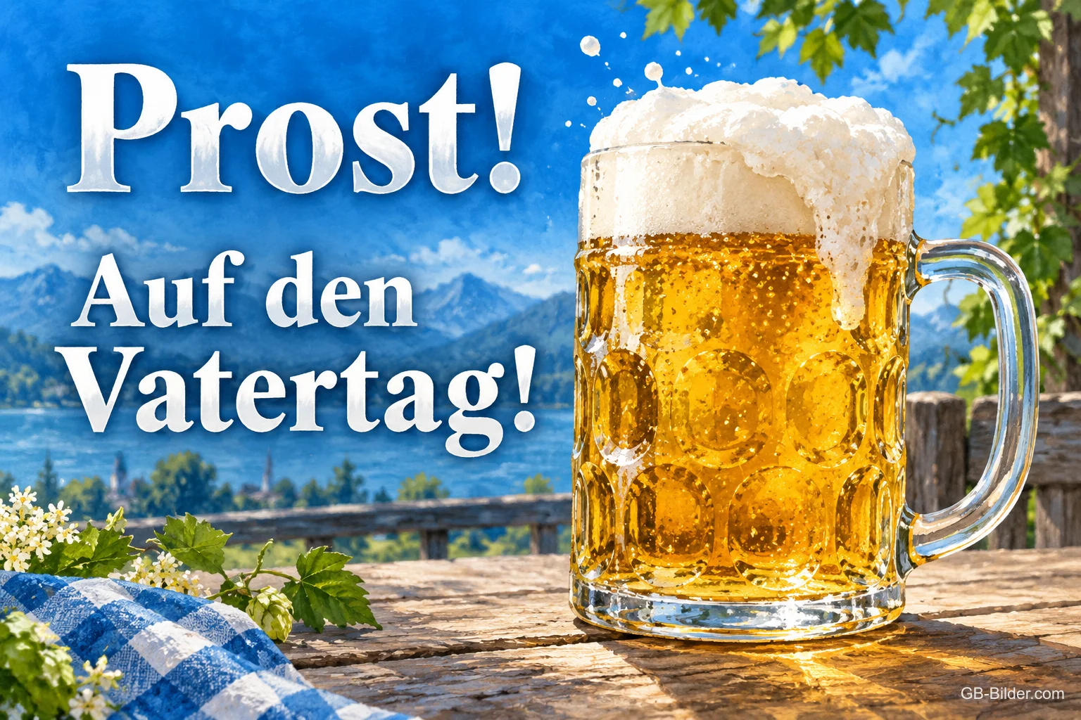 Bierkrug auf einem Biergartentisch vor Bergen und See, Text: Prost! Auf den Vatertag!