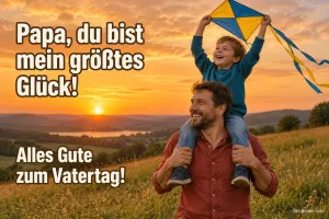 Vater trägt lachenden Sohn mit Drachen auf den Schultern im Abendlicht, Text: Papa, du bist mein größtes Glück! – Alles Gute zum Vatertag!