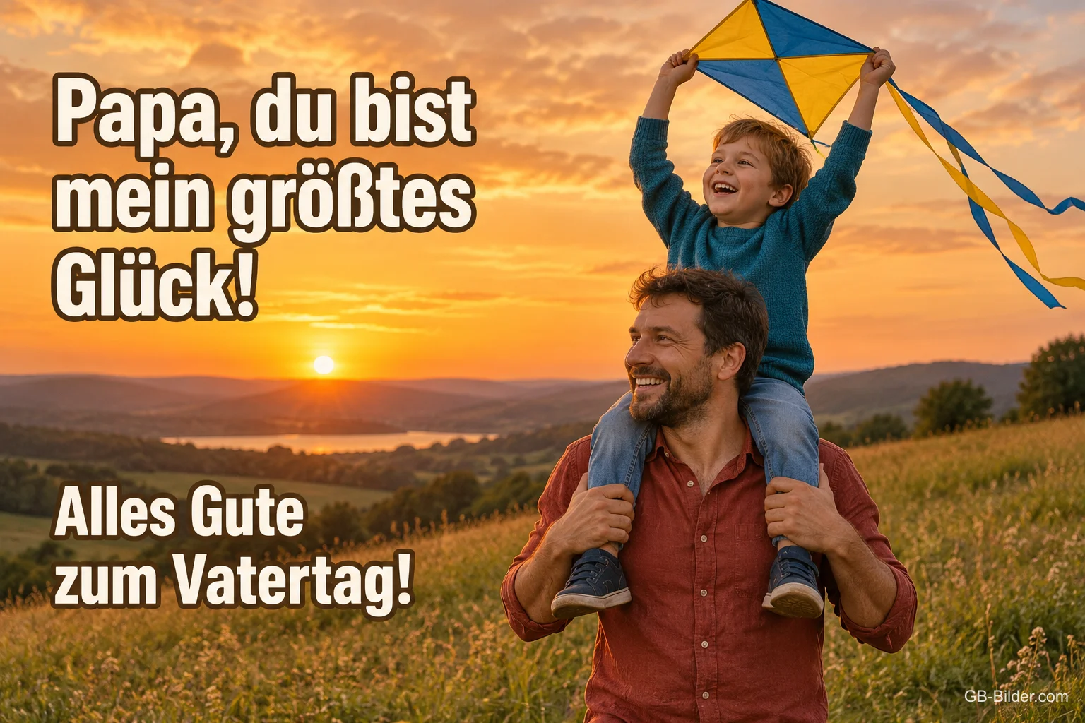 Vater trägt lachenden Sohn mit Drachen auf den Schultern im Abendlicht, Text: Papa, du bist mein größtes Glück! – Alles Gute zum Vatertag!
