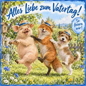 Schwein, Fuchs und Hund mit Strohhüten tanzen auf einer Wiese, Text: Alles Liebe zum Vatertag! – So feiern wir!