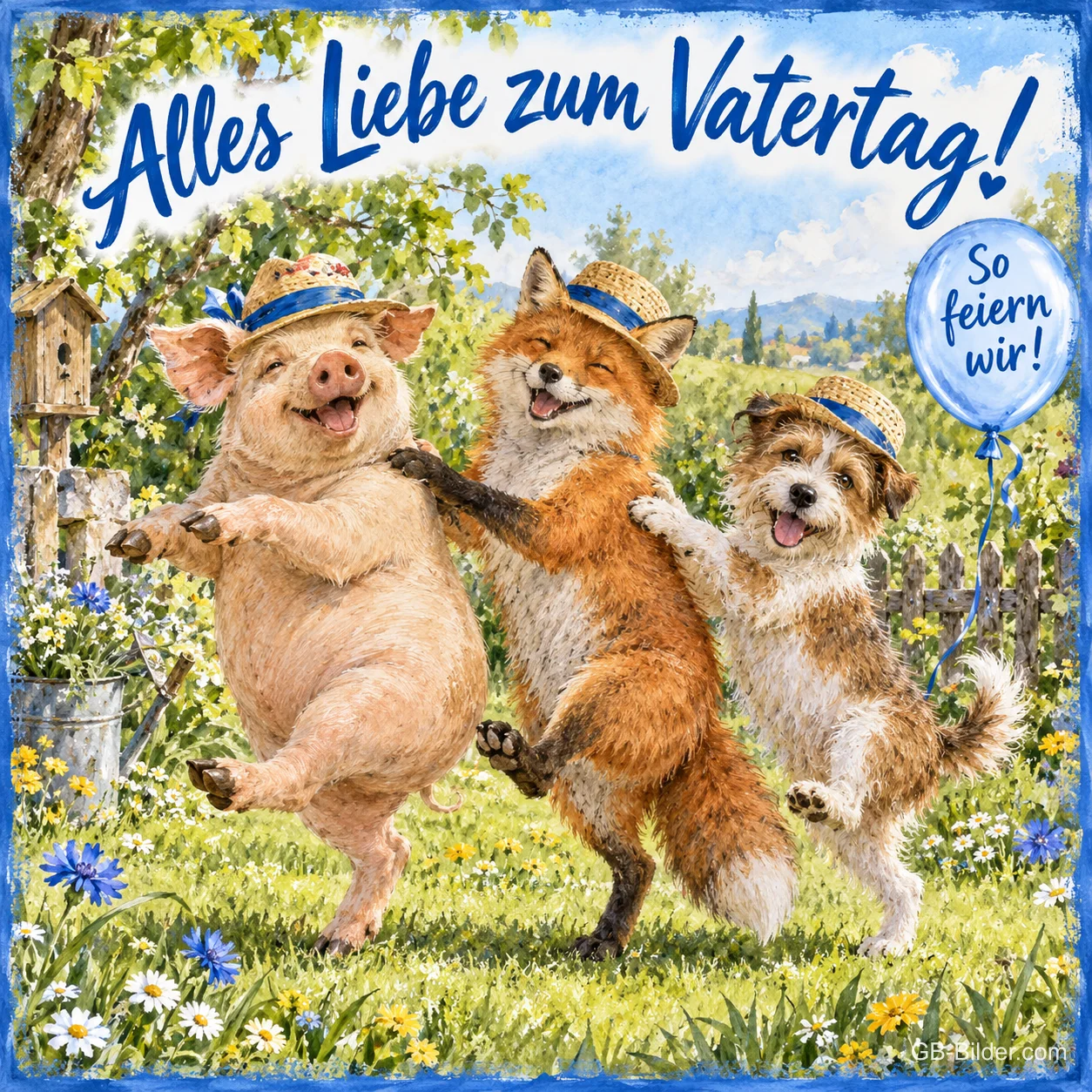 Schwein, Fuchs und Hund mit Strohhüten tanzen auf einer Wiese, Text: Alles Liebe zum Vatertag! – So feiern wir!