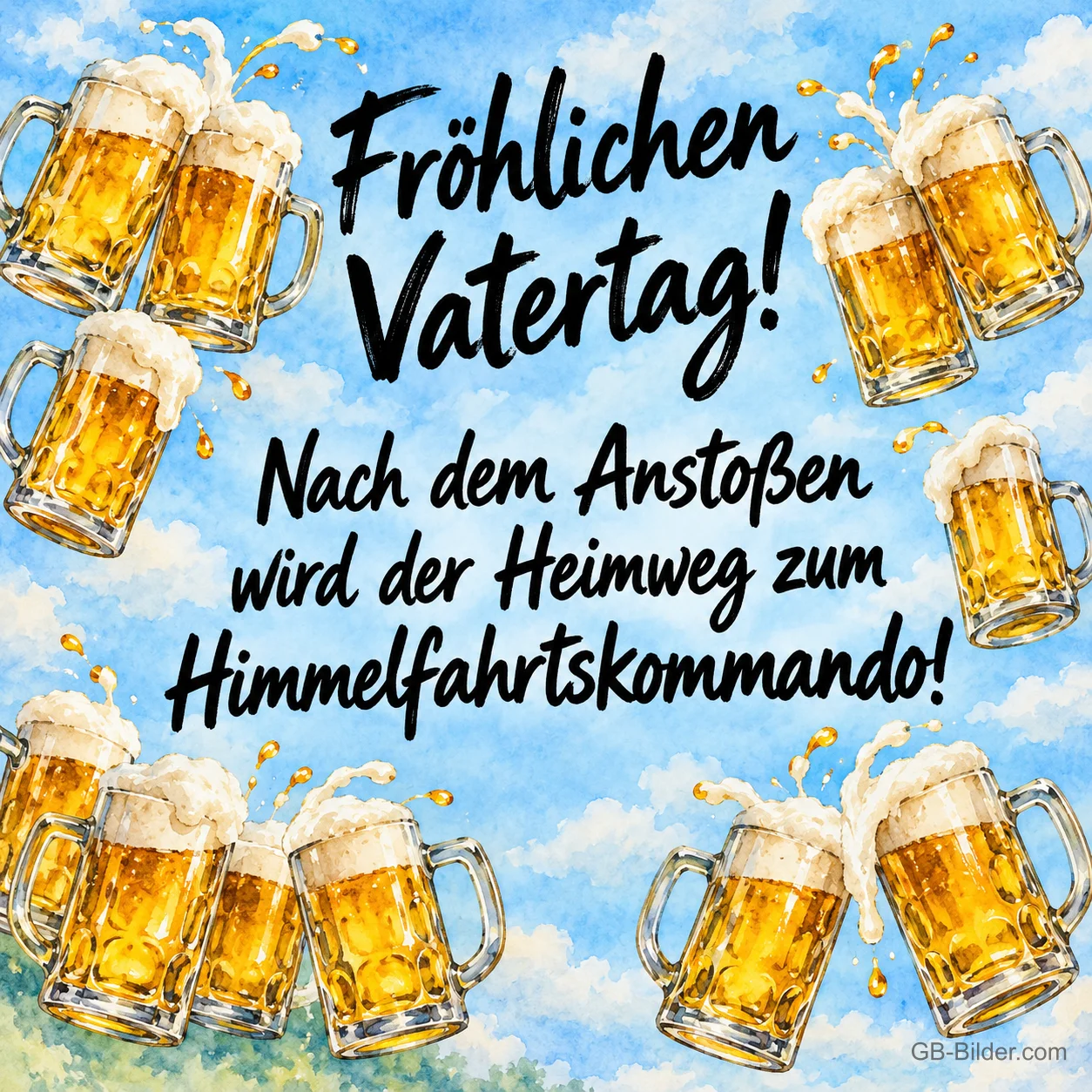 Viele schäumende Bierkrüge stoßen vor blauem Himmel an, Text: Fröhlichen Vatertag! – Nach dem Anstoßen wird der Heimweg zum Himmelfahrtskommando!
