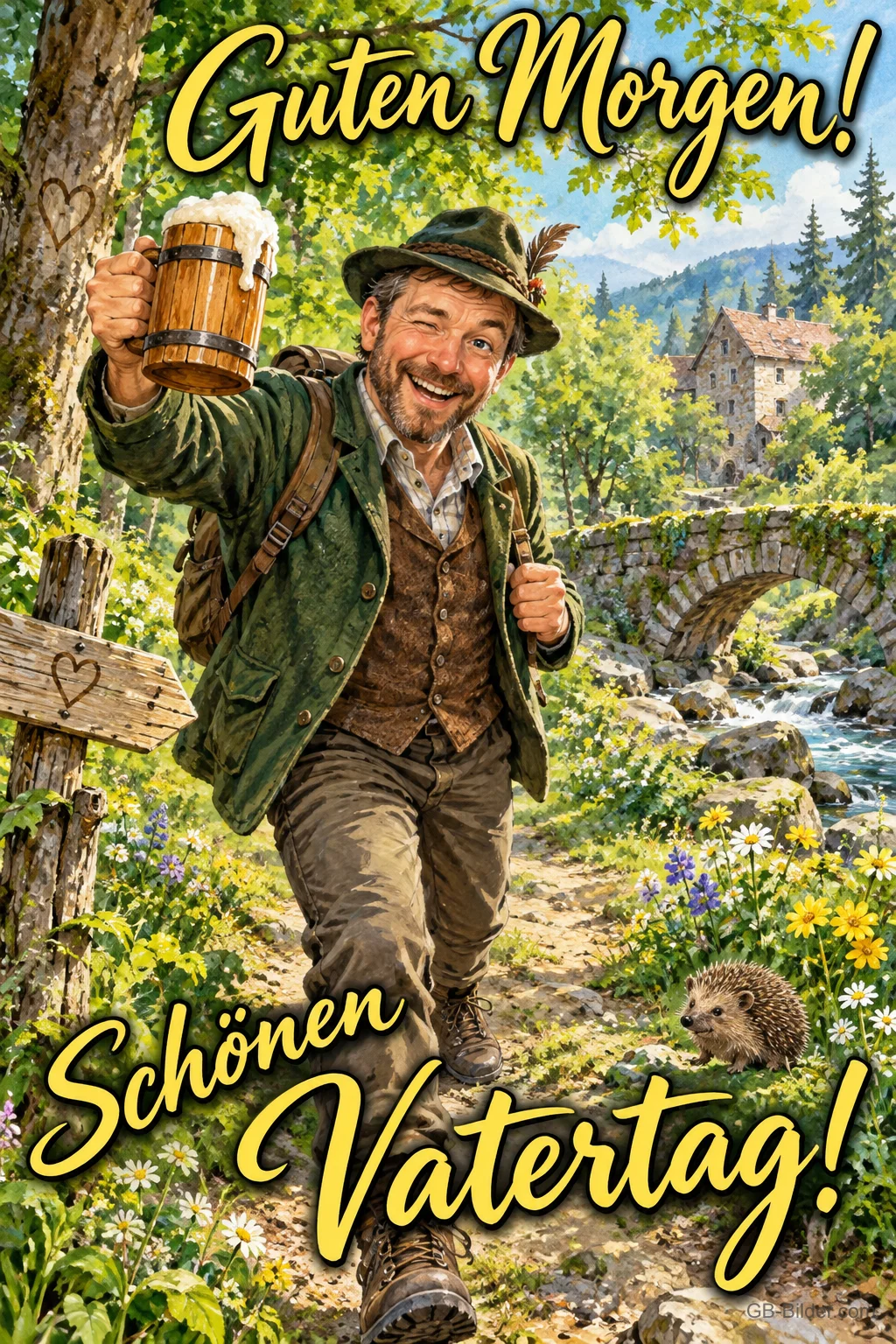 Lachender Wanderer mit Bierkrug auf einem Waldweg, Text: Guten Morgen! – Schönen Vatertag!