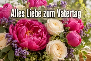 Strauß aus pinken Pfingstrosen und weißen Rosen, Text: Alles Liebe zum Vatertag