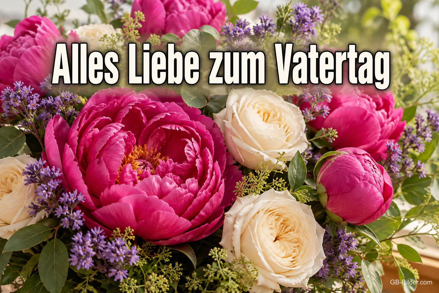 Strauß aus pinken Pfingstrosen und weißen Rosen, Text: Alles Liebe zum Vatertag