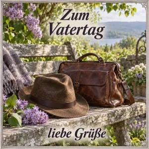Filzhut und Ledertasche auf einer Gartenbank mit Flieder, Text: Zum Vatertag – liebe Grüße