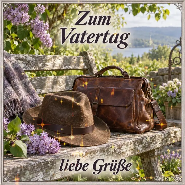 Filzhut und Ledertasche auf einer Gartenbank mit Flieder, Text: Zum Vatertag – liebe Grüße