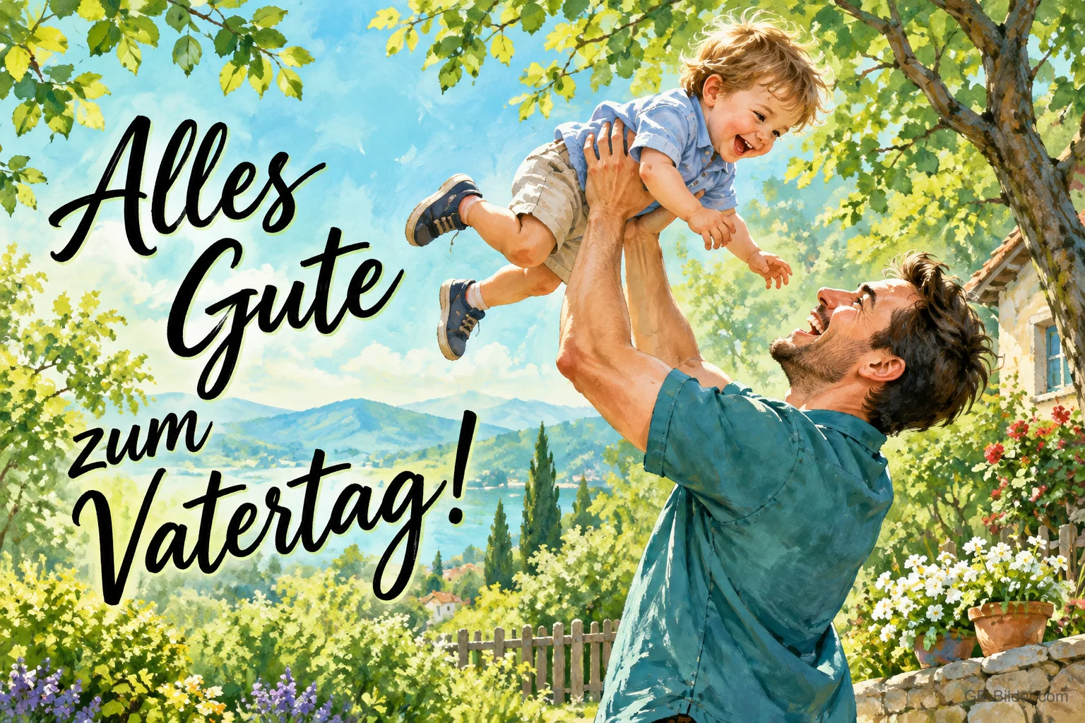 Vater wirft lachenden Sohn im Garten in die Luft, Text: Alles Gute zum Vatertag!