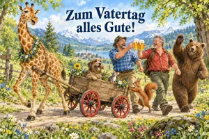Giraffe zieht einen Bollerwagen, zwei Männer stoßen mit Bier an, Bär und Eichhörnchen laufen mit, Text: Zum Vatertag alles Gute!